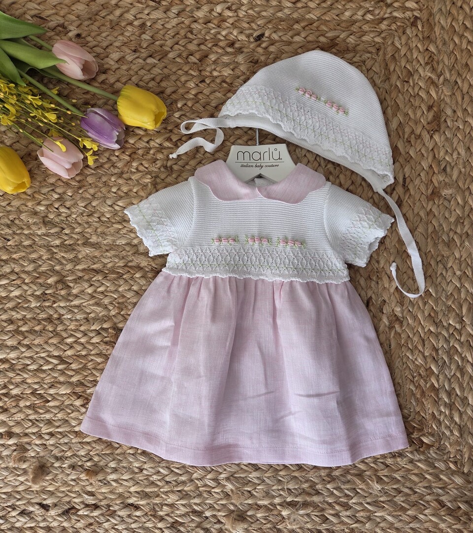 Abitino in cotone e lino con cuffietta Bianco / Rosa Pesco / Lime taglia 0-3 mesi Marlù
