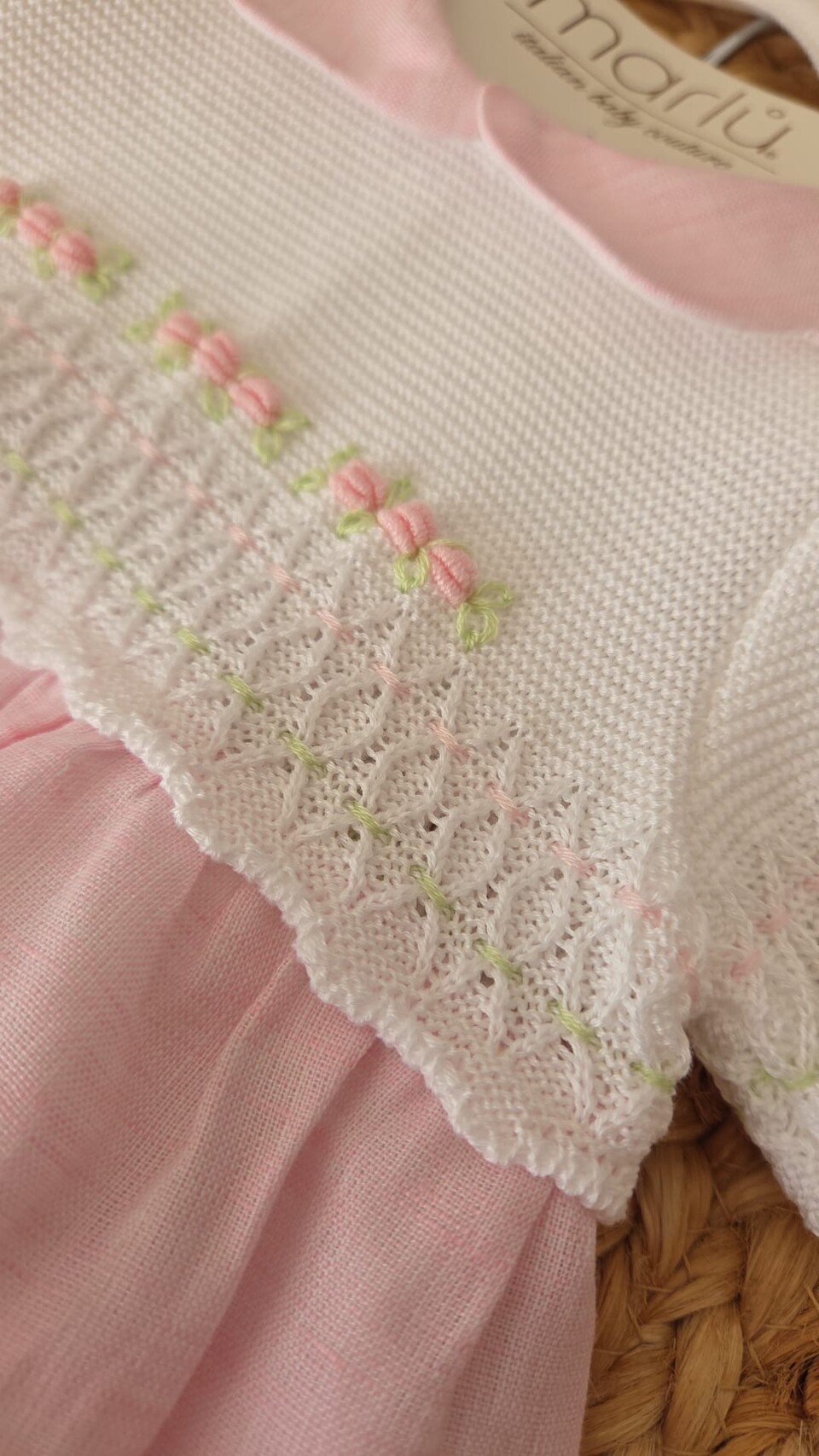 Abitino in cotone e lino con cuffietta Bianco / Rosa Pesco / Lime taglia 0-3 mesi Marlù