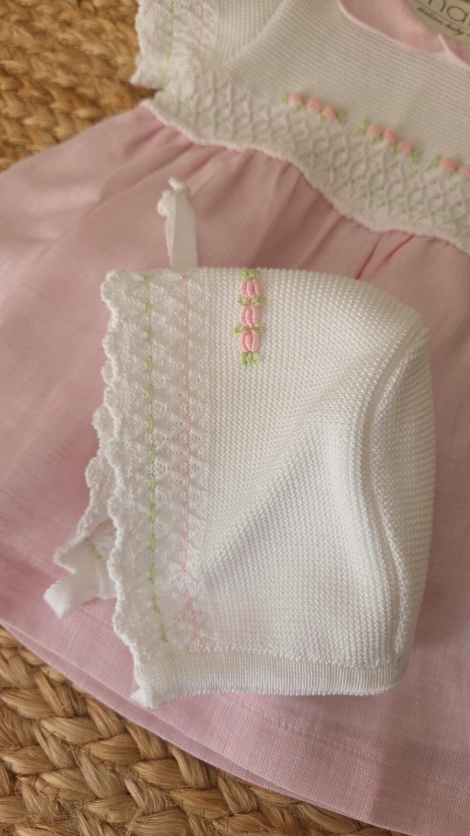 Abitino in cotone e lino con cuffietta Bianco / Rosa Pesco / Lime taglia 0-3 mesi Marlù
