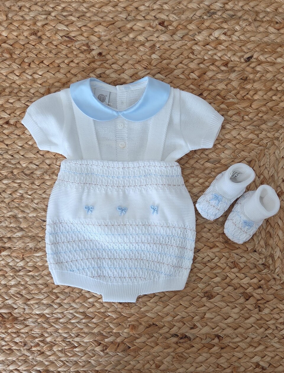 Salopette 2 pezzi con babbucce in filo di puro cotone Bianco / Cielo Polvere / Noce taglia 0-3 mesi Marlù