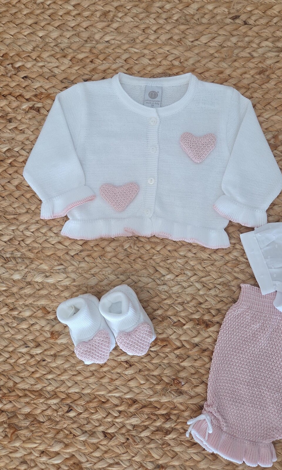 Completo 3 pezzi con babbucce in puro cotone Bianco / Rosa Cipria taglia 0-3 mesi Marlù