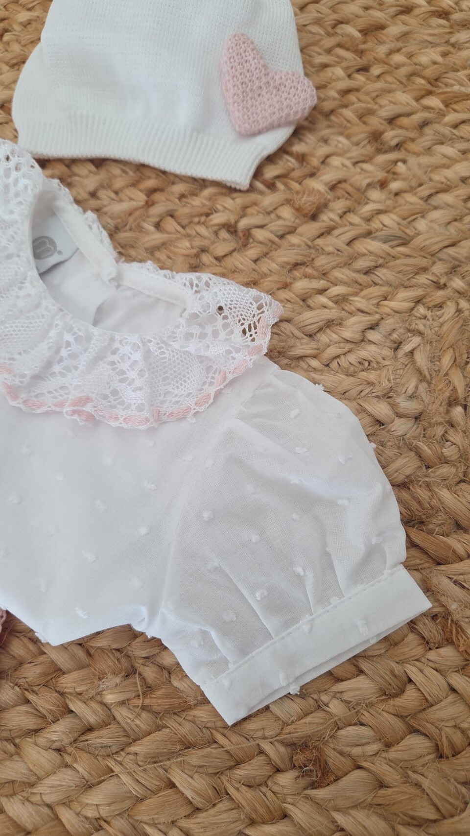 Completo 3 pezzi con babbucce in puro cotone Bianco / Rosa Cipria taglia 0-3 mesi Marlù
