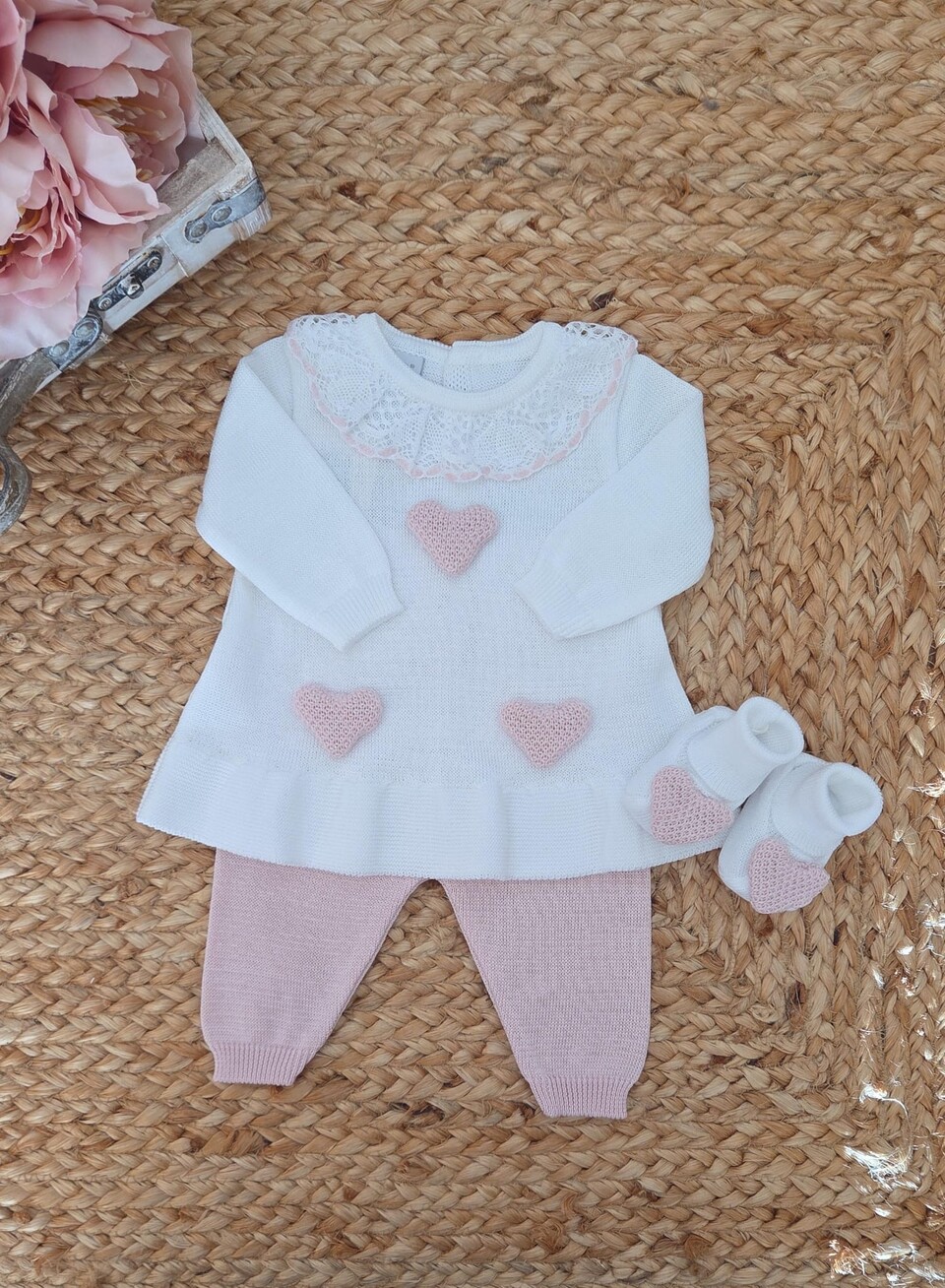 Completo 2 pezzi con babbucce in filo di puro cotone Bianco / Rosa Cipria taglia 0-3 mesi Marlù