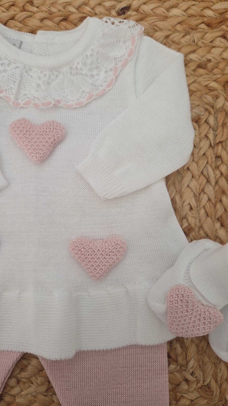 Completo 2 pezzi con babbucce in filo di puro cotone Bianco / Rosa Cipria taglia 0-3 mesi Marlù