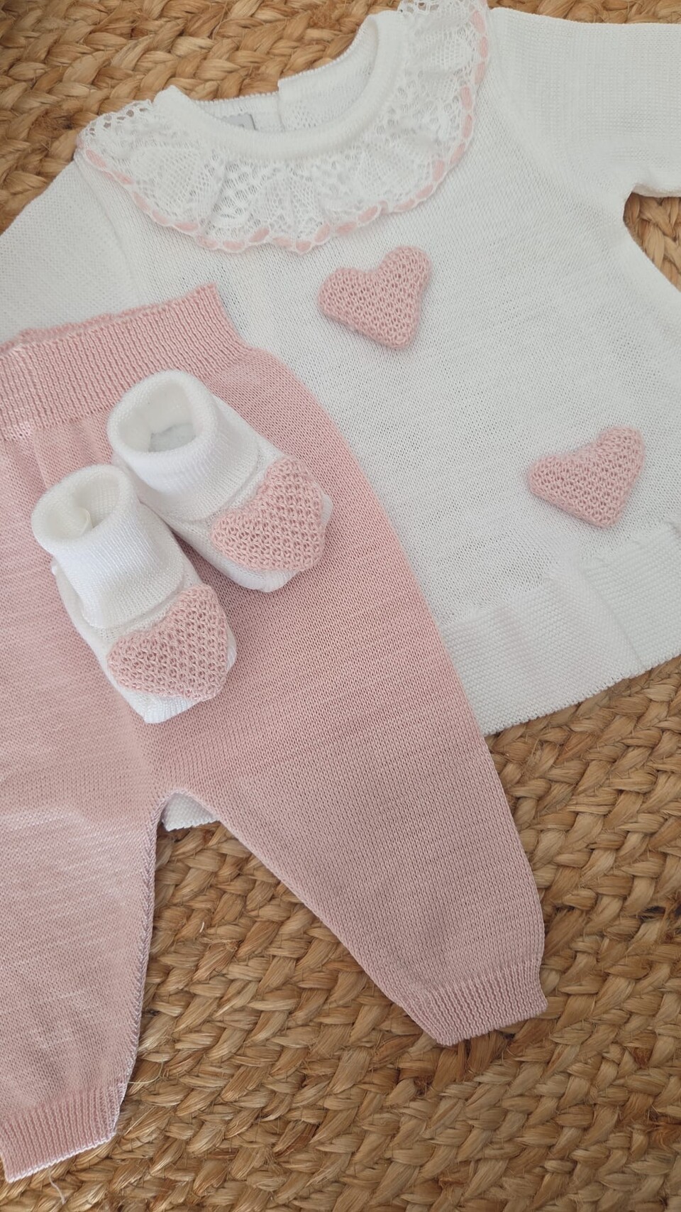 Completo 2 pezzi con babbucce in filo di puro cotone Bianco / Rosa Cipria taglia 0-3 mesi Marlù