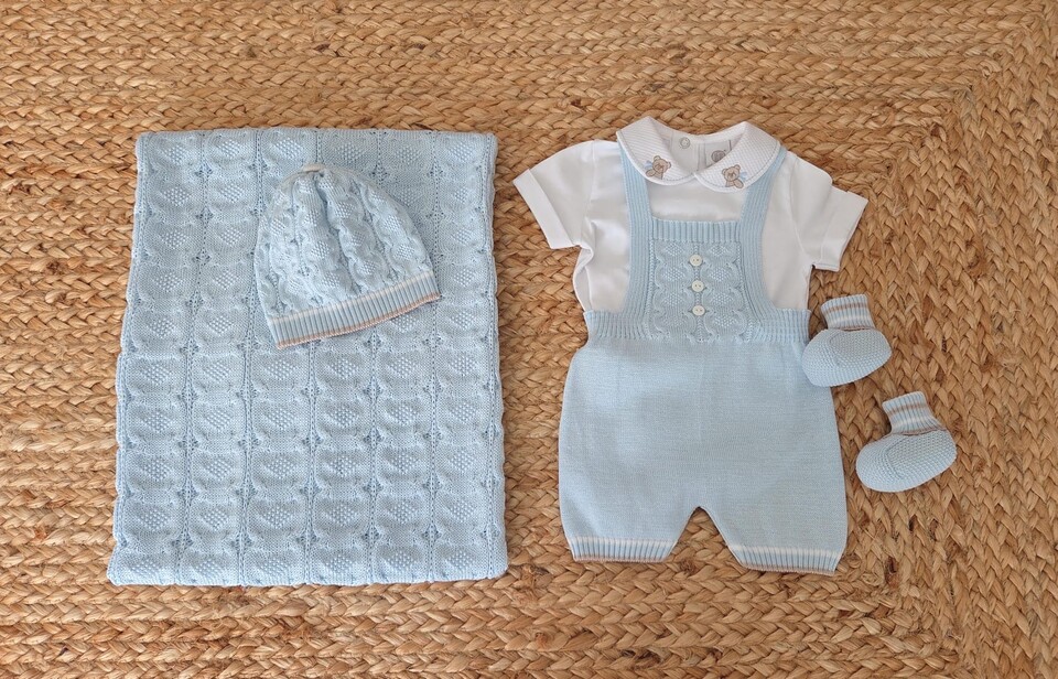 Completo nascita 4 pezzi in cotone Cielo / Noce Marlù