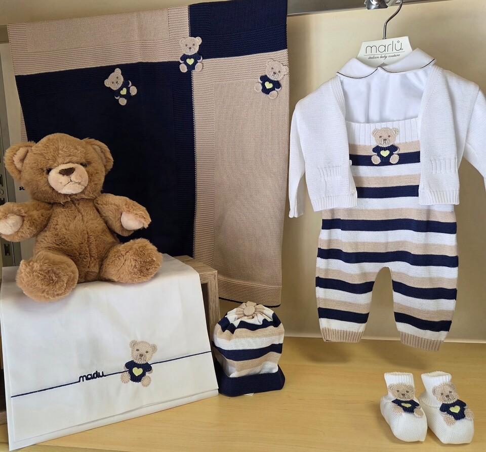 Completo nascita 5 pezzi in filo di puro di cotone Blu / Bianco / Sabbia Marlù