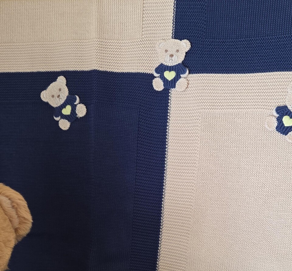 Completo nascita 5 pezzi in filo di puro di cotone Blu / Bianco / Sabbia Marlù