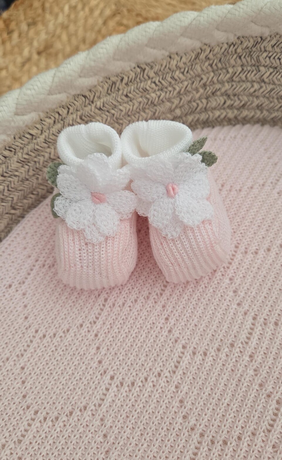 Pagliaccetto con babbucce in filo di puro cotone Bianco / Rosa Stella taglia 0-3 mesi Marlù