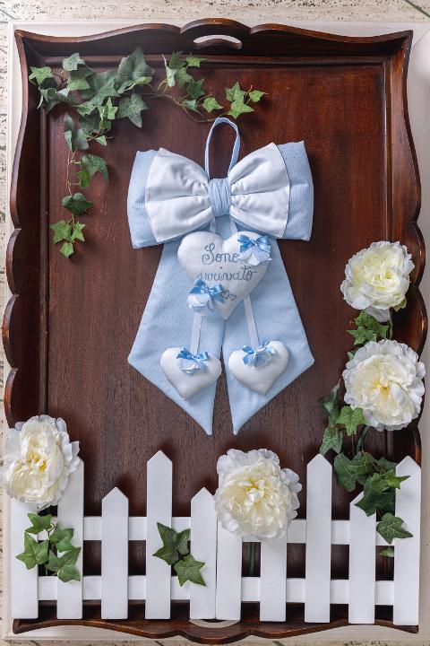 Fiocco nascita Lurex con cuori e fiori in tessuto Gentile Baby Couture 21