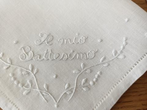 Fazzoletto Il mio Battesimo in puro lino Gentile Baby Couture Con orlo a giorno