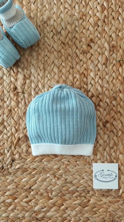Cappellino e babbucce in filo di cotone Cielo Polvere / Bianco / Noce taglia unica Marlù EF60S