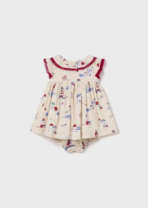 Abito in lino stampato Ecrù/Rosso con culotte Mayoral 1830