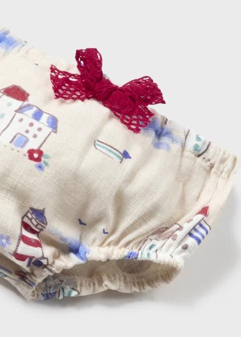 Abito in lino stampato Ecrù/Rosso con culotte Mayoral 1830