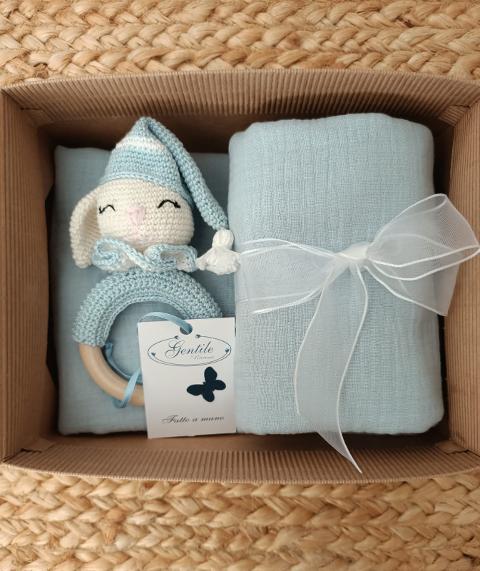 Box regalo mussole e Amigurumi Celeste Gentile Baby Couture Coniglietto