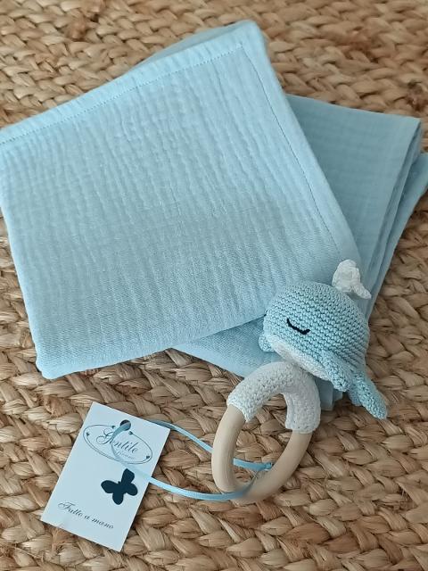 Box regalo mussole e Amigurumi Celeste Gentile Baby Couture Balena
