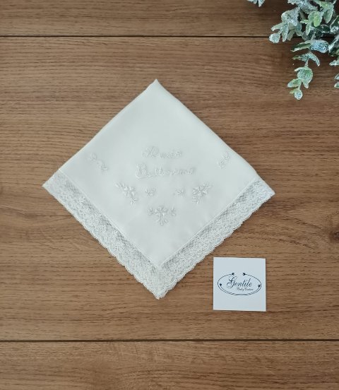 Fazzoletto Il mio Battesimo in pura seta Gentile Baby Couture Pizzo Valancienne