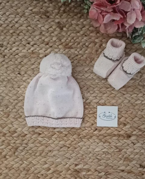 Cappellino e babbucce in pura lana Rosa / Cacao taglia unica Marlù