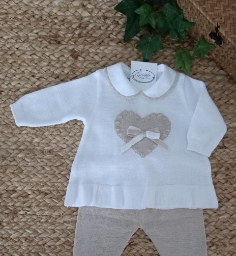 Completo 2 pezzi in filo di puro cotone Bianco / Sabbia taglia 0-3 mesi Marlù