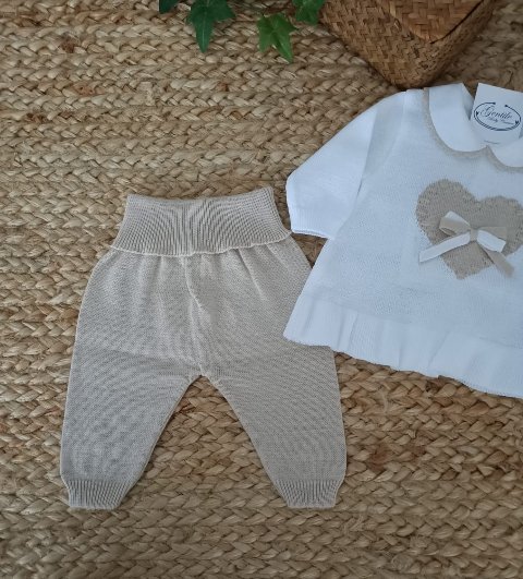 Completo 2 pezzi in filo di puro cotone Bianco / Sabbia taglia 0-3 mesi Marlù