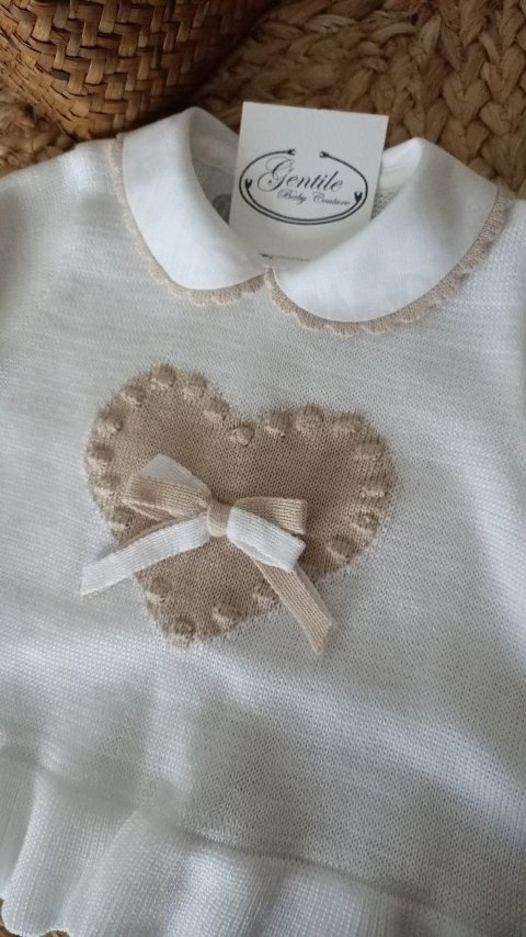 Completo 2 pezzi in filo di puro cotone Bianco / Sabbia taglia 0-3 mesi Marlù