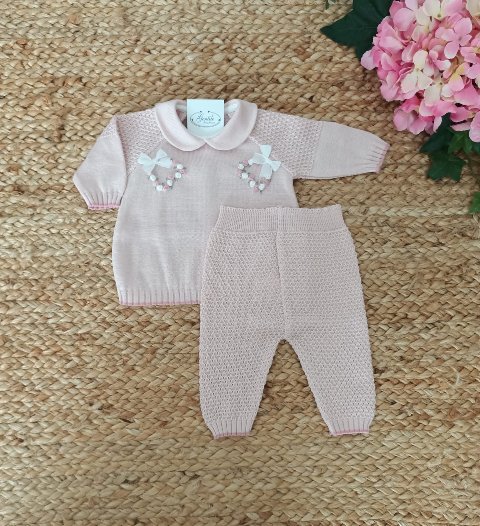 Completo 2 pezzi in filo di puro cotone Rosa Cipria / Melograno taglia 0-3 mesi Marlù