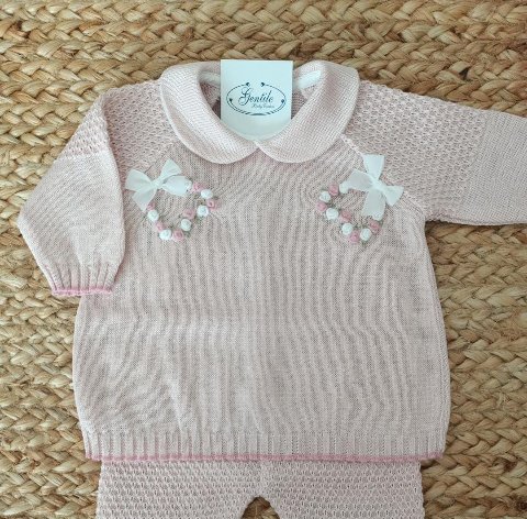 Completo 2 pezzi in filo di puro cotone Rosa Cipria / Melograno taglia 0-3 mesi Marlù