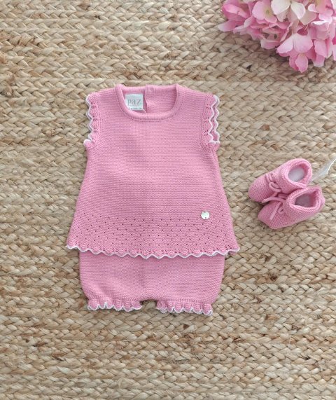 Completo 2 pezzi con babbucce in filo di puro cotone Fucsia taglia 1 mese Paz Rodriguez