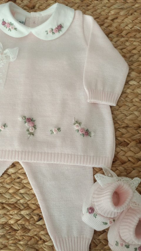 Completo nascita 2 pezzi in filo di cotone con ricamo a mano Gentile Baby Couture