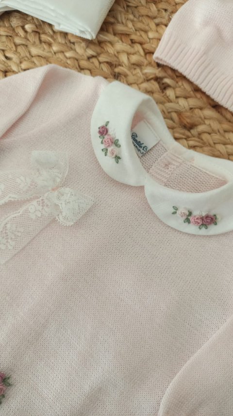 Completo nascita 2 pezzi in filo di cotone con ricamo a mano Gentile Baby Couture