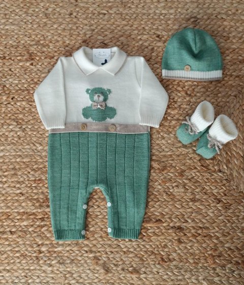 Tutina con cappellino e babbucce in misto lana Panna / Verde / Tortora taglia 3 mesi Bimbalò Orsetto