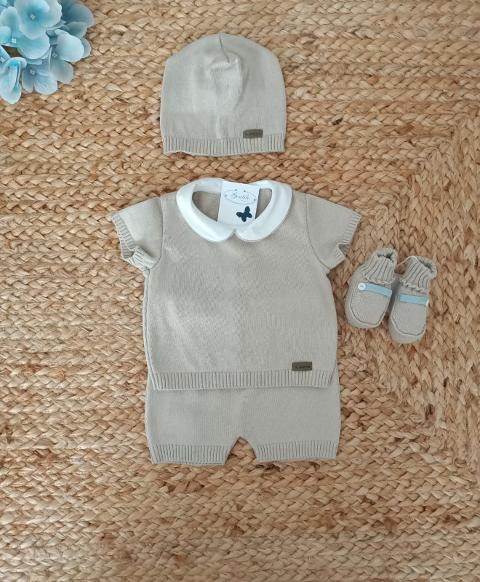 Completo 2 pezzi con cappellino e babbucce in filo di puro cotone Corda taglia 3 mesi Le Coconne Corto