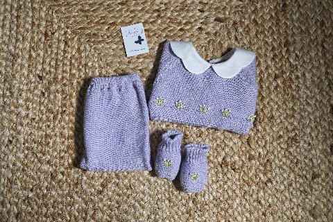Completo nascita 6 pezzi in puro cotone Lilla Le Coconne