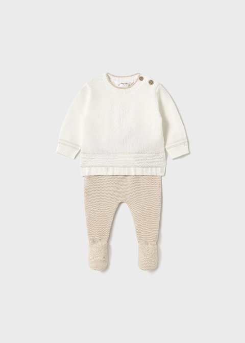 Completo nascita 2 pezzi in filo di puro cotone Bianco / Beige Mayoral