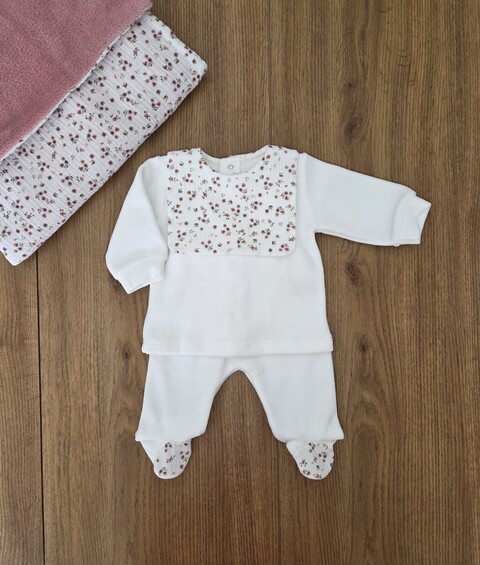 Completo 2 pezzi in ciniglia bianco con inserti floreali Barcellino