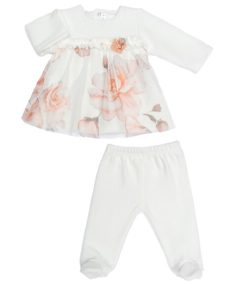 Completo 2 pezzi in caldo cotone e tulle stampato Bianco Latte / Salmone Barcellino
