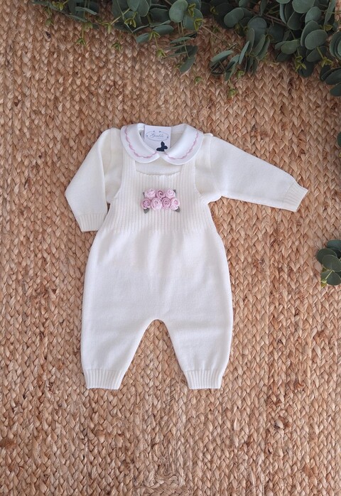 Salopette 2 pezzi in pura lana Panna / Rosa / Marsala taglia 0-3 mesi Marlù