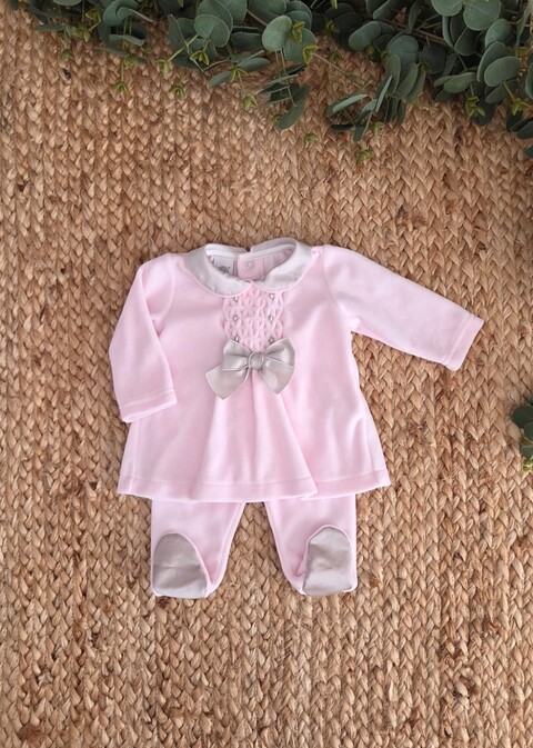 Completo 2 pezzi in ciniglia Rosa / Fango taglia 0-3 mesi Marlù