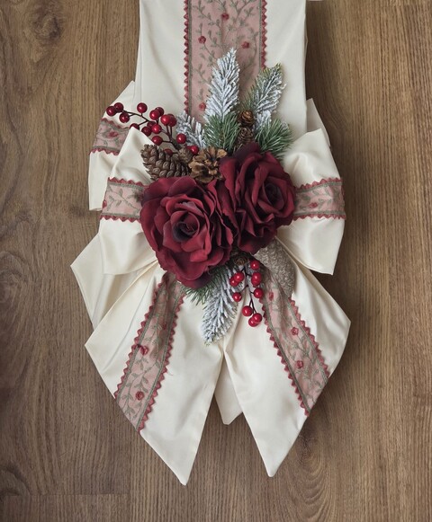 Fascia natalizia dietro porta in taffetà e tulle Gentile Ricami Panna/Bordeaux