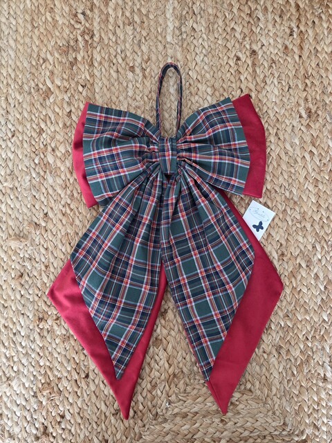 Doppio fiocco natalizio in velluto rosso e tessuto tartan Gentile Ricami Grande