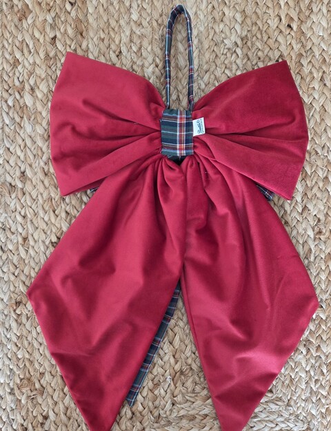 Doppio fiocco natalizio in velluto rosso e tessuto tartan Gentile Ricami Grande
