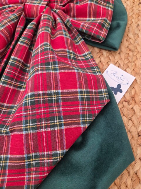 Doppio fiocco natalizio in velluto verde e tessuto tartan Gentile Ricami Grande
