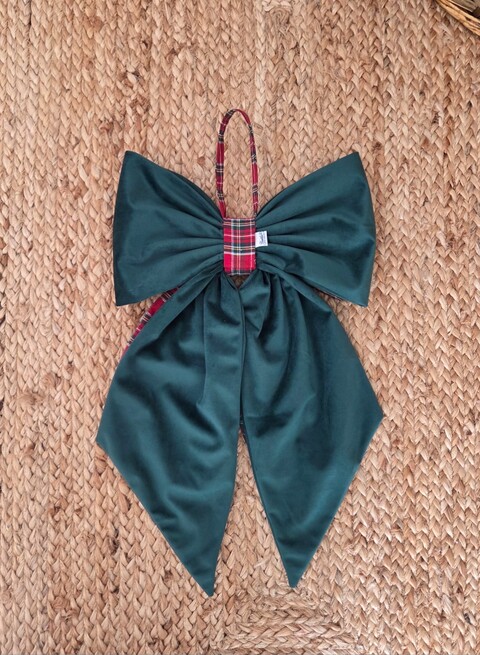 Doppio fiocco natalizio in velluto verde e tessuto tartan Gentile Ricami Grande