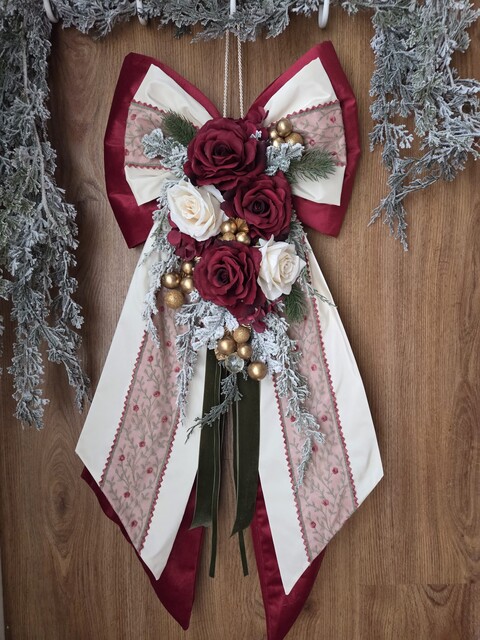 Maxi fiocco natalizio in velluto Bordeaux, taffetà e pizzo in tulle di cotone Gentile Ricami