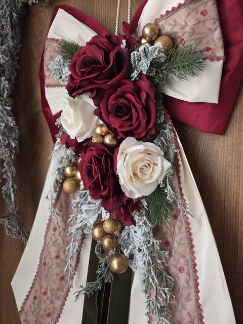 Maxi fiocco natalizio in velluto Bordeaux, taffetà e pizzo in tulle di cotone Gentile Ricami