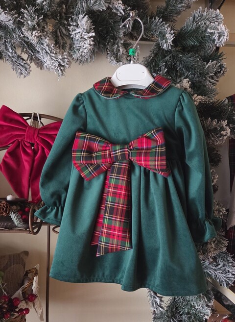 Abito in velluto verde con maxi fiocco in tartan Pappa e Latte