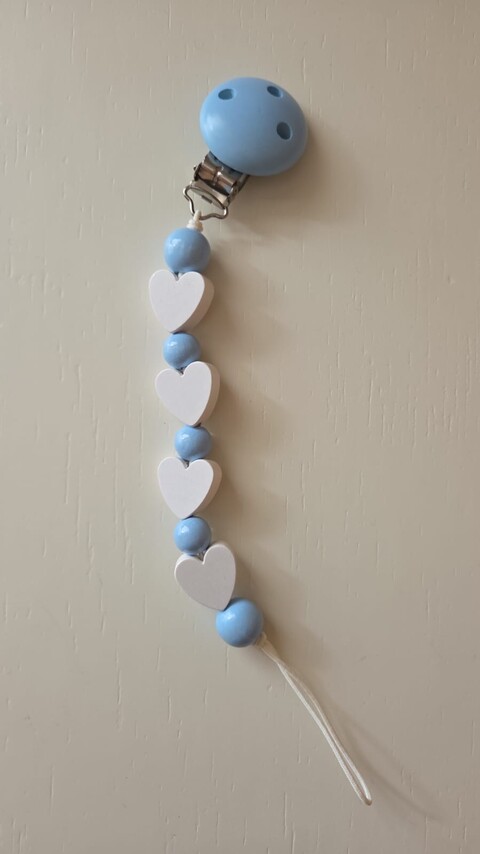 Catenella porta ciuccio in legno naturale Celeste / Bianco Gentile Baby Couture Cuori