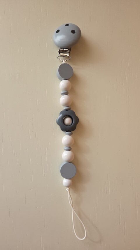 Catenella porta ciuccio in legno naturale Grigio Gentile Baby Couture Fiore