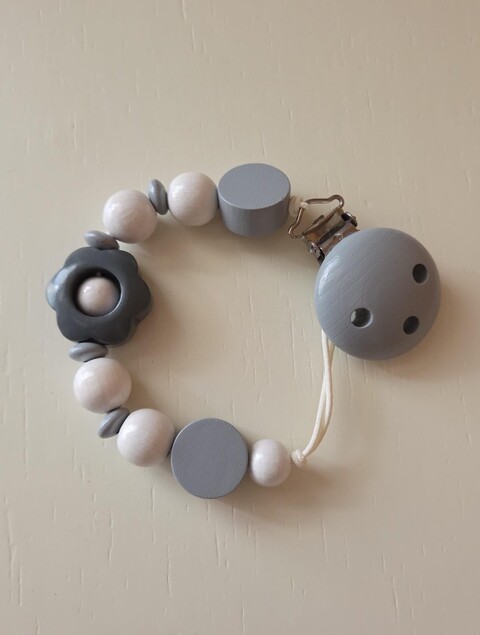 Catenella porta ciuccio in legno naturale Grigio Gentile Baby Couture Fiore