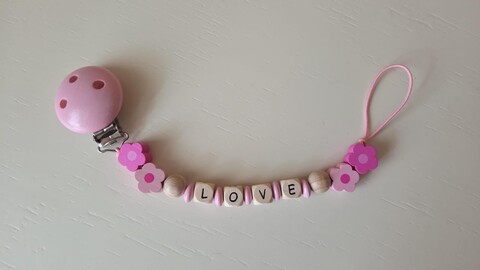 Catenella porta ciuccio in legno naturale Rosa Gentile Baby Couture Love